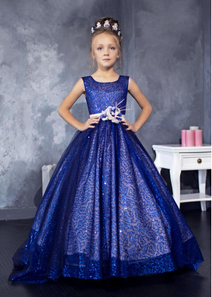 Royal Blue Sequin Flower Girl Dress With Flower Sash
